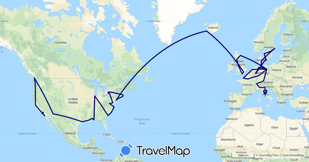 TravelMap itinerary: driving in Canada, Switzerland, Germany, Denmark, France, United Kingdom, Iceland, Italy, Netherlands, Sweden, United States (Europe, North America)